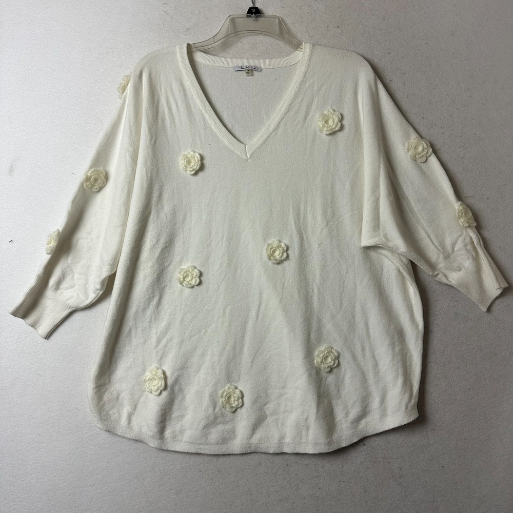 Vila Milano Cream Crochet 3D Floral V-Neck Dolman Sweater Plus Size 1X RN 163742